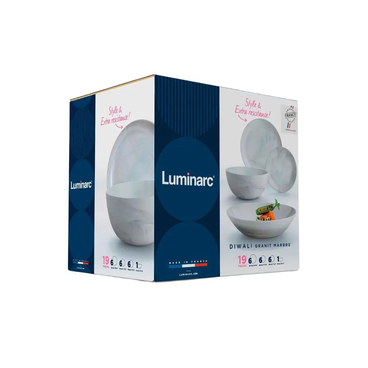 Juego de vajilla Diwali Grant Marb de 18 piezas de Luminarc, fabricado en vidrio opalino duradero, incluye 6 platos llanos (25 cm), 6 platos hondos (20 cm) y 6 platos de postre (19 cm), apto para microondas y lavavajillas, perfecto para cenas elegantes.