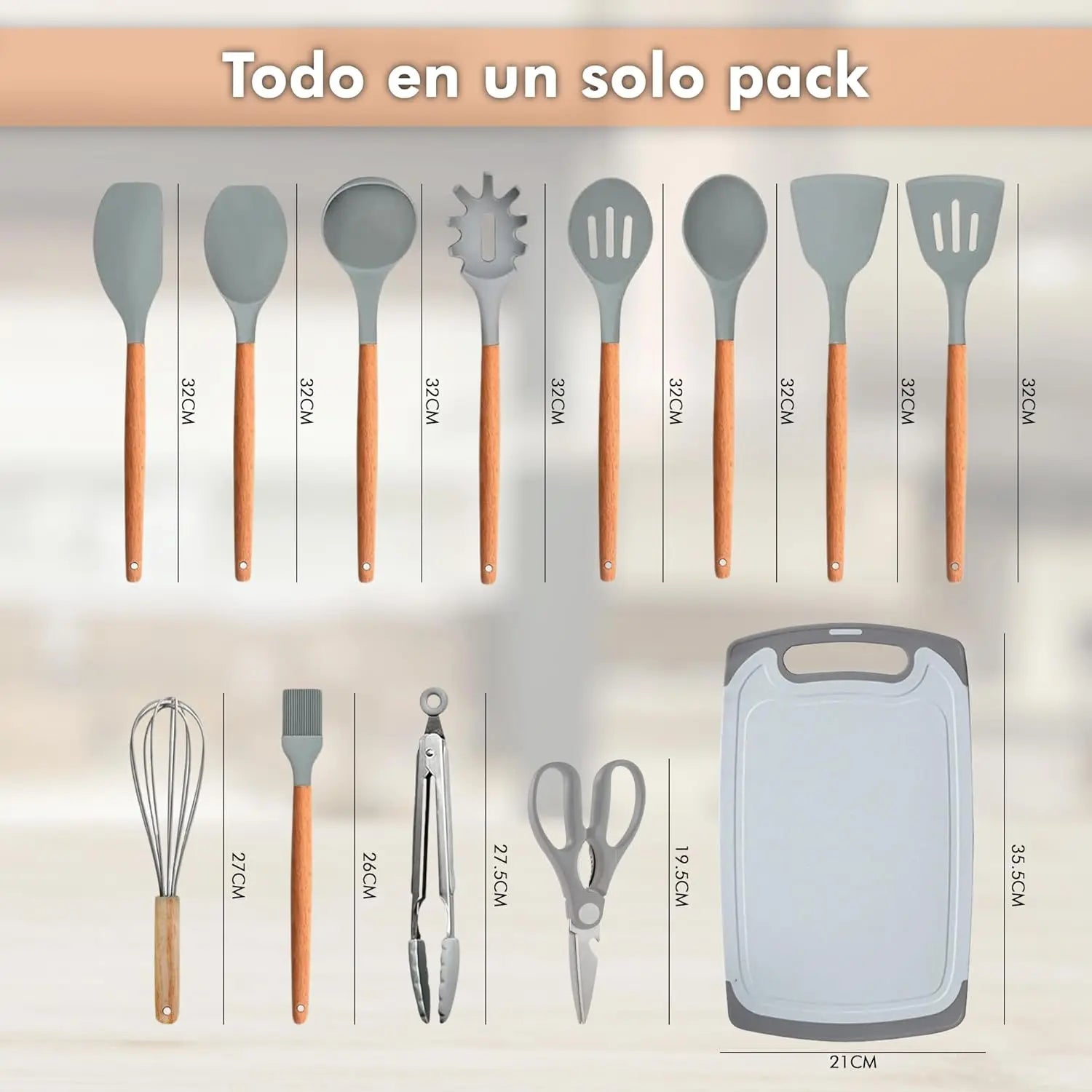 Juego de utensilios de cocina de silicona Onfeng of2328 - 19 piezas, incluye 5 cuchillos versátiles, tijeras, pinzas, tabla de cortar y 10 accesorios antiadherentes (verde claro). Regalo para el Día de la Madre.