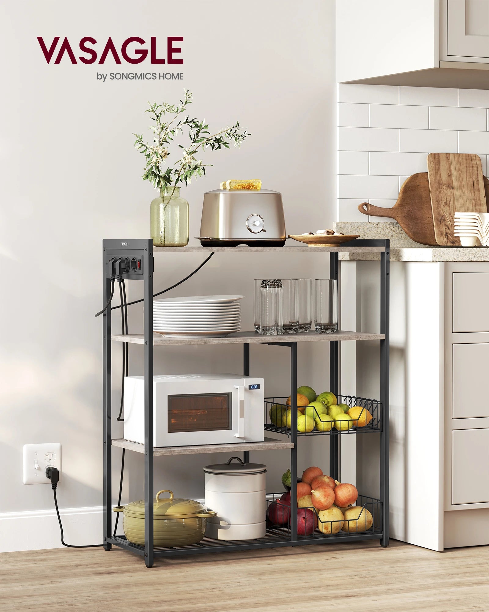 Estantería de cocina Vasagle con 2 cestas de malla, estante para microondas, estación de carga, con estantes y ganchos, 35 x 80 x 93,5 cm, estilo industrial, marrón rústico y tinta negra/greige mélange y tinta negra