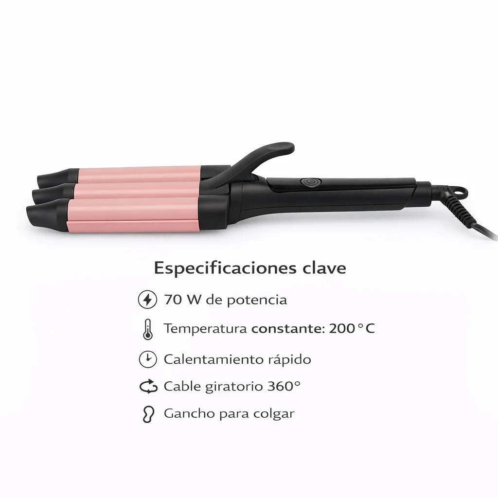 Rizador triple Jocca de 25 mm con revestimiento cerámico de turmalina, calentamiento rápido y ondas definidas.