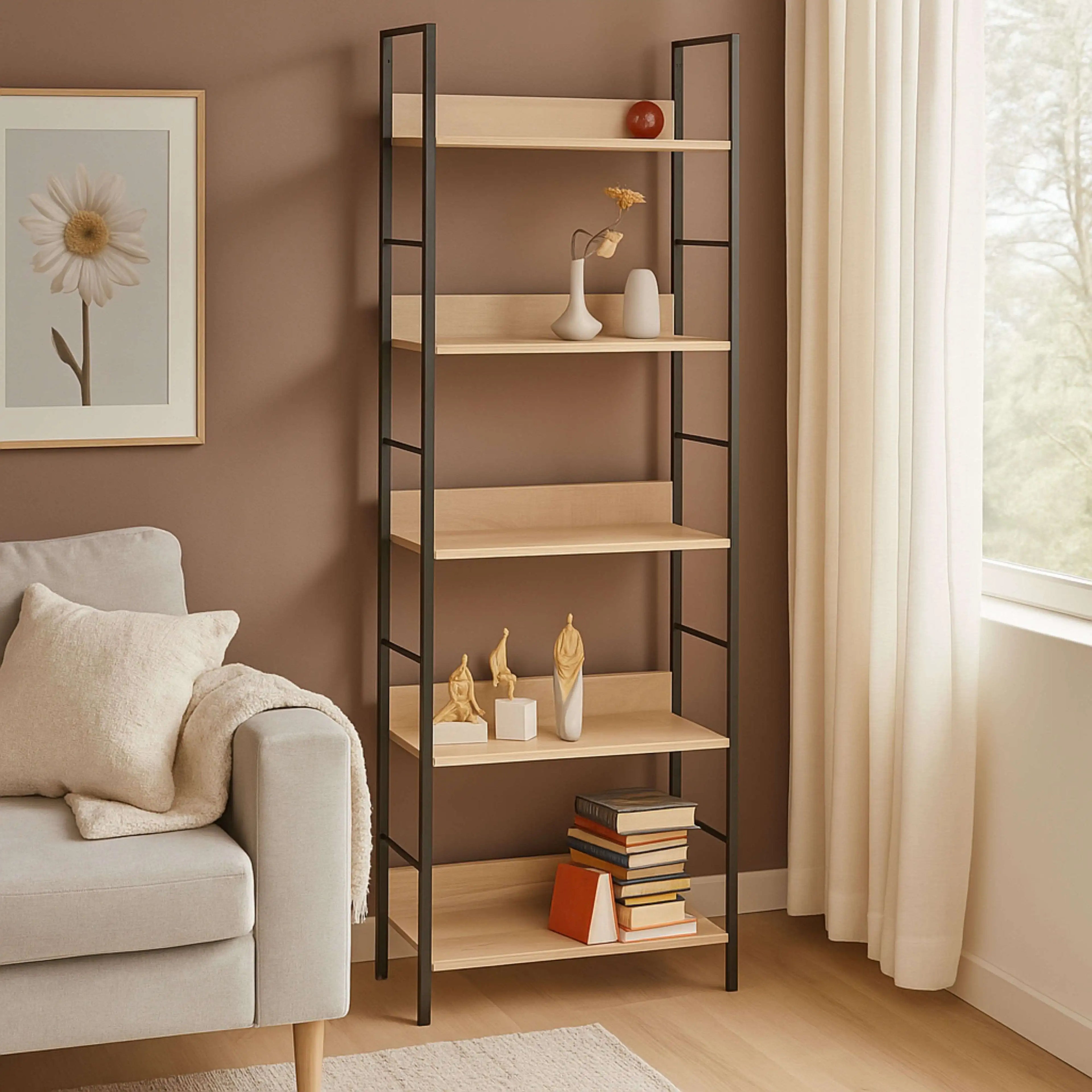 Librería Miroytengo Rubi con 5 baldas, roble cambriano y negro, 60x160x28 cm, fabricada en melamina y metal para una solución de almacenamiento moderna en la oficina o el salón.