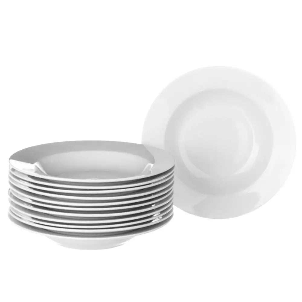 Juego de 12 platos hondos de porcelana blanca de Lola Home, de Ø 21 cm, ideales para servir sopa y ensalada, aptos para lavavajillas y microondas, vajilla perfecta para experiencias gastronómicas elegantes.