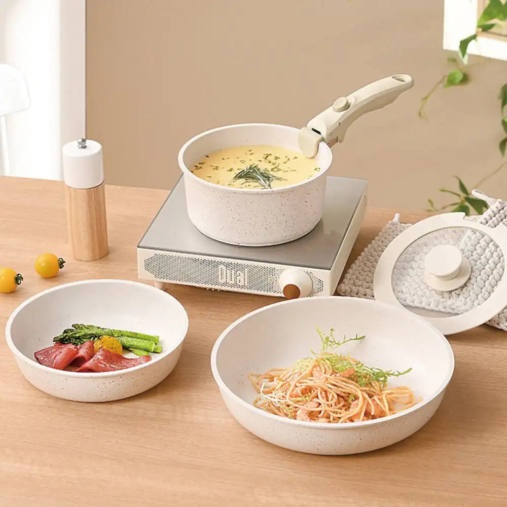 Juego de utensilios de cocina antiadherentes Almalux® con asas desmontables, 5 piezas de ollas y sartenes, revestimiento de granito ecológico, diseño apilable, compatible con inducción, apto para lavavajillas, ideal para cocinar ahorrando espacio.