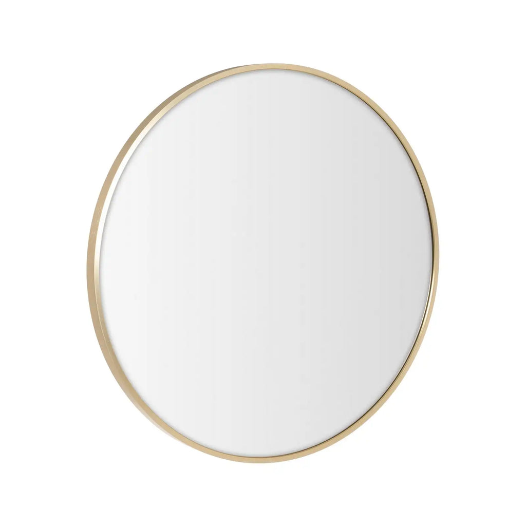 Espejo de pared redondo de aluminio Lolahome de 60 cm de diámetro en color dorado o negro, ideal para cualquier estilo de decoración. Presenta un diseño elegante, 2,8 cm de profundidad y un peso ligero de 3,5 kg, perfecto para iluminar espacios con elegan