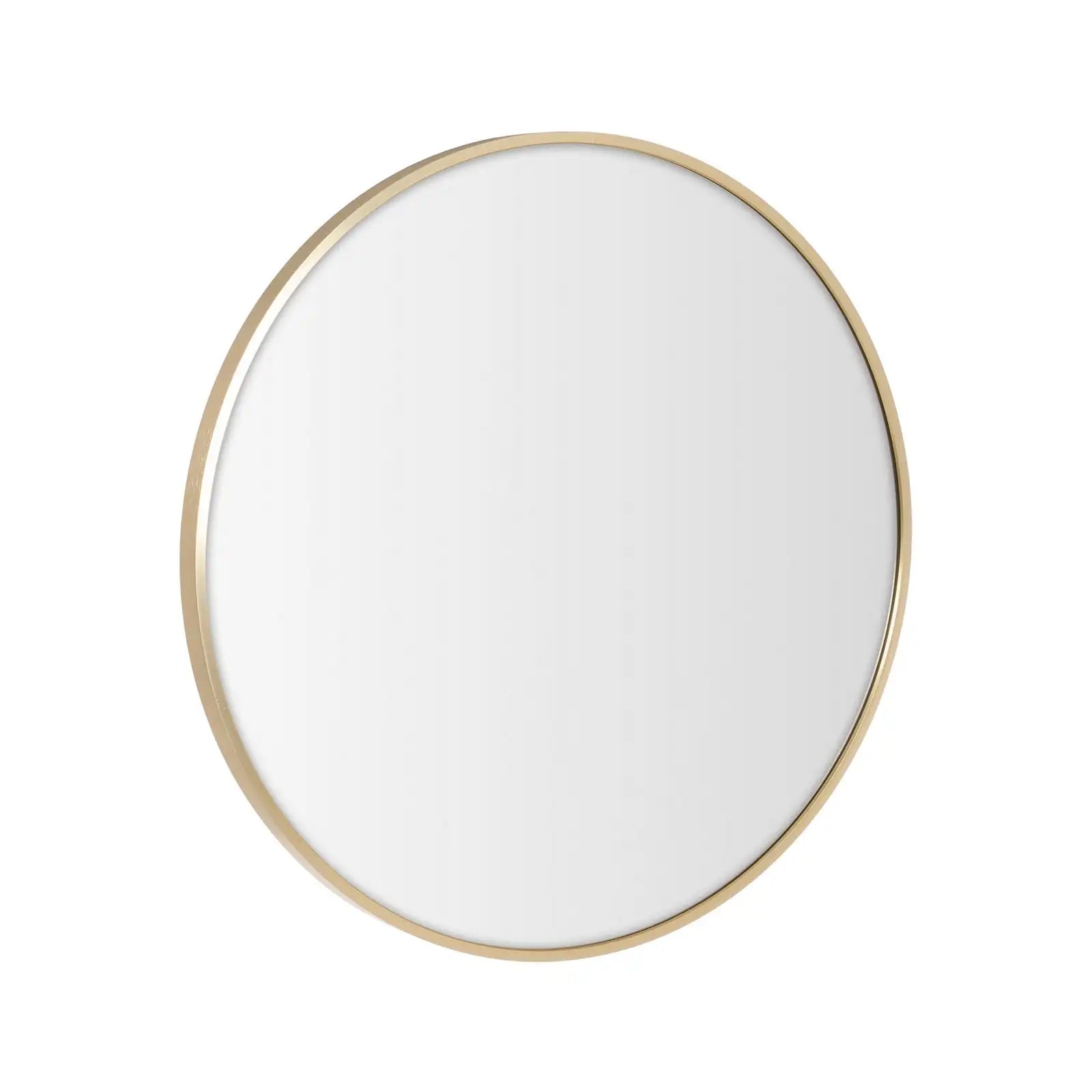 Espejo de pared redondo de aluminio Lolahome de 60 cm de diámetro en color dorado o negro, ideal para cualquier estilo de decoración. Presenta un diseño elegante, 2,8 cm de profundidad y un peso ligero de 3,5 kg, perfecto para iluminar espacios con elegan