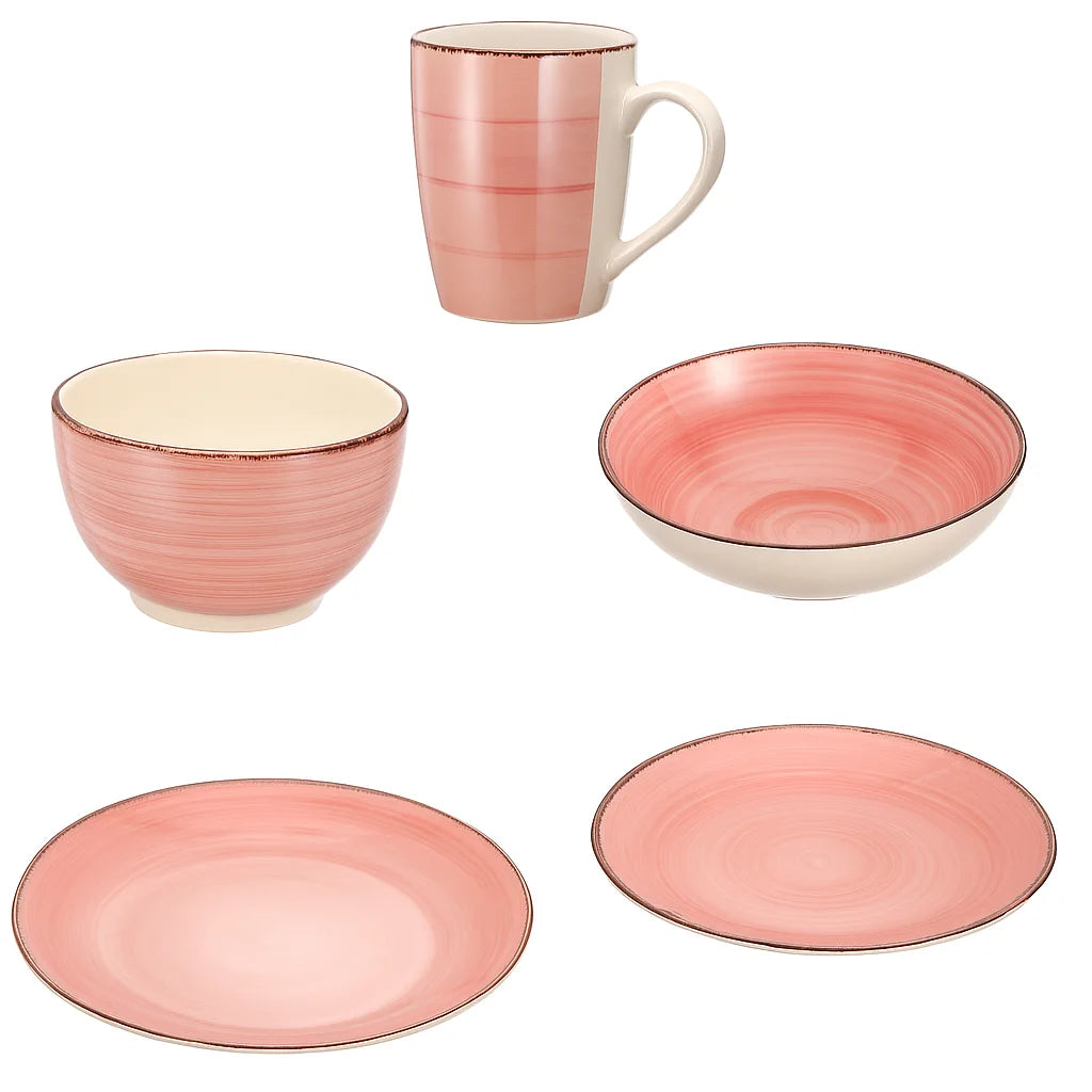 Juego de vajilla de cerámica rosa nórdico para 5 personas, incluye platos, cuencos y taza, apto para microondas y perfecto para regalar.