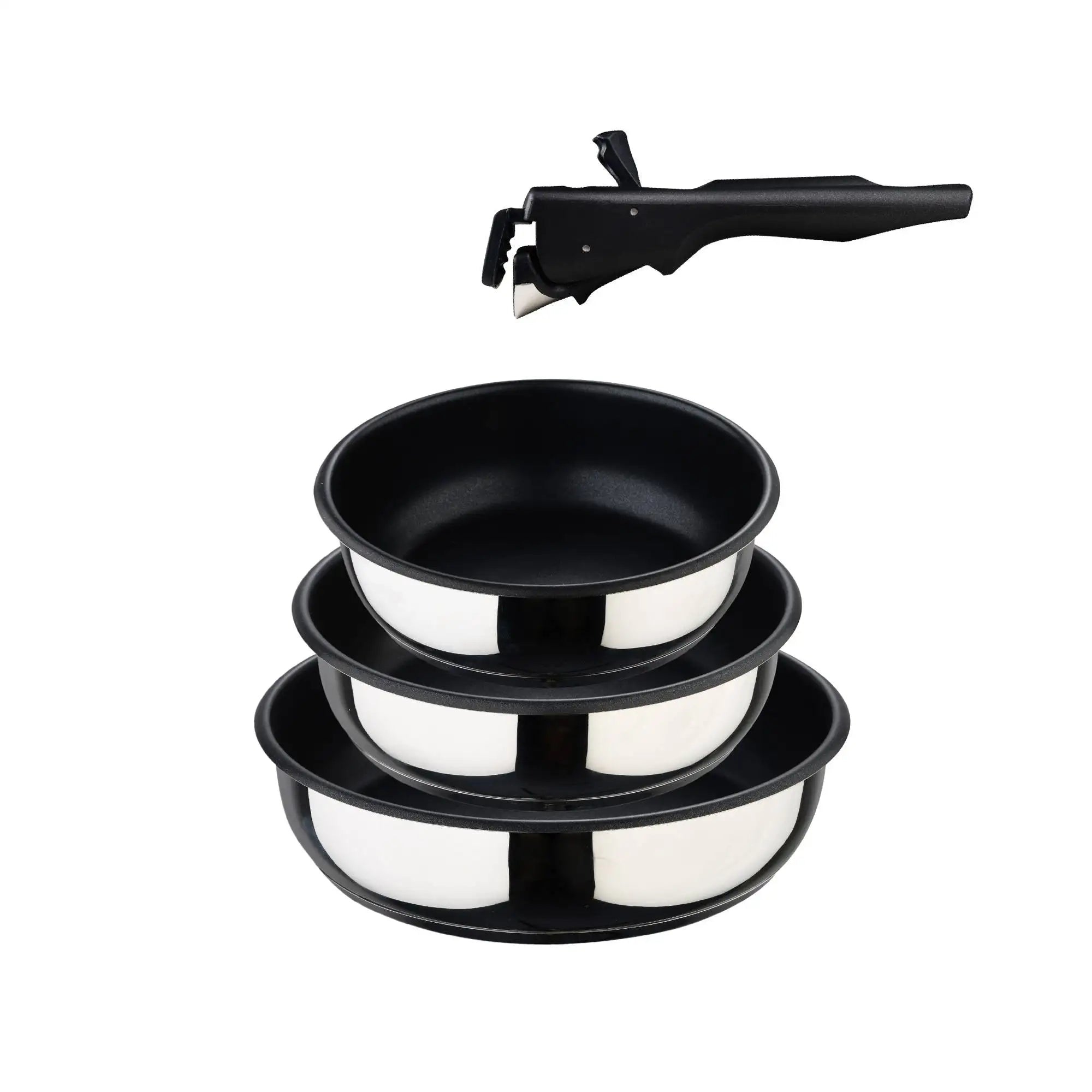 Juego de sartenes Bergner Click&Cook de 2 piezas, de Ø22 cm y Ø26 cm, con mango ergonómico desmontable, de aluminio prensado antiadherente, aptas para todo tipo de cocinas, incluida la de inducción, con diseño apilable que ahorra espacio.