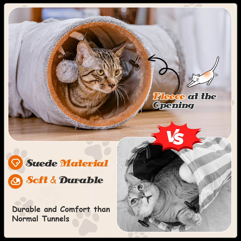 Nobleza - túnel para gatos de gamuza, túnel interior de 3 vías con 1 orificio y juguetes colgantes para gatos con forma de bola, color gris.