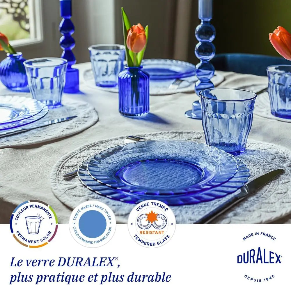 Juego de vajilla Duralex Picardie - Platos de alta calidad que incluyen platos hondos (Ø 23 cm), platos llanos (Ø 26 cm), platos de postre (Ø 20,5 cm), aptos para microondas y lavavajillas, disponibles en transparente, ámbar o azul claro, 12/18/