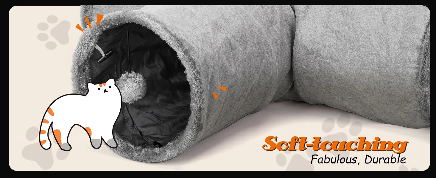 Nobleza - túnel para gatos de gamuza, túnel interior de 3 vías con 1 orificio y juguetes colgantes para gatos con forma de bola, color gris.
