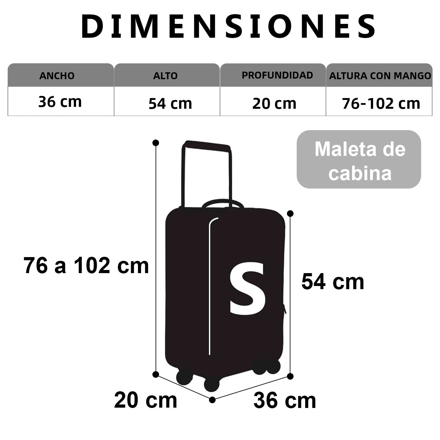 Maleta de cabina de 54x36x20 cm, de polipropileno, con ruedas giratorias de 360°, resistente y ligera. Ideal para viajar.