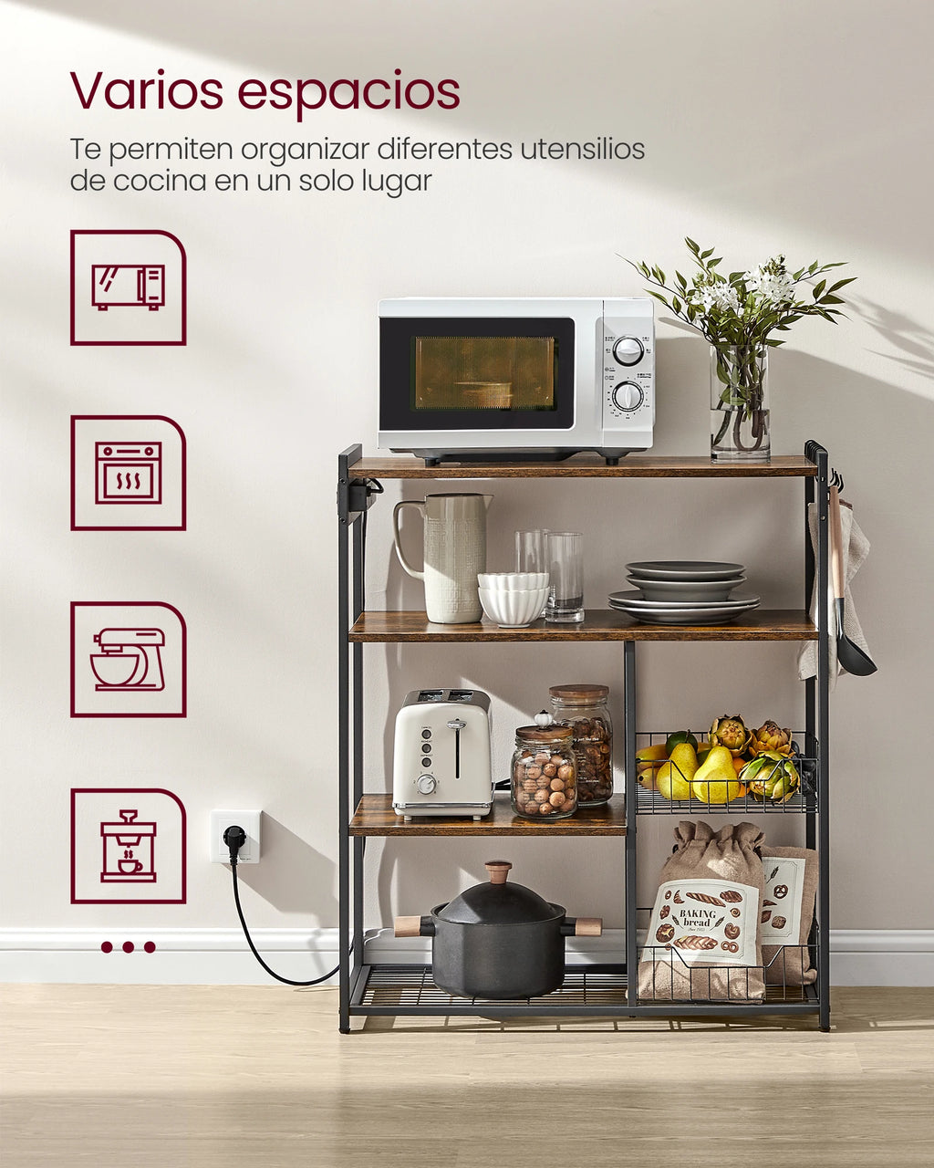 Estantería de cocina Vasagle con 2 cestas de malla, estante para microondas, estación de carga, con estantes y ganchos, 35 x 80 x 93,5 cm, estilo industrial, marrón rústico y tinta negra/greige mélange y tinta negra