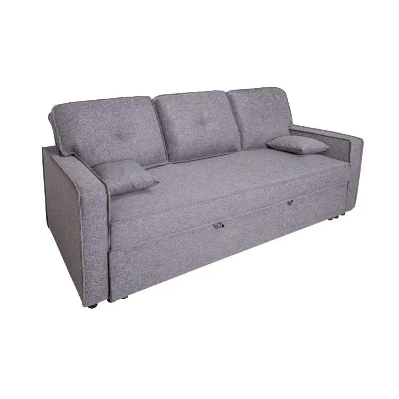El sofá cama Dax en color gris, un cómodo y elegante sofá de 3 plazas con estructura de madera, relleno de espuma y sistema de apertura de la cama inferior extraíble, incluye dos cojines decorativos de 30x30 cm, ideal para salones modernos.