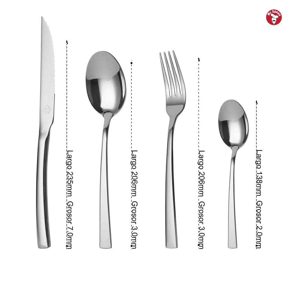 Juego de cubiertos Mr.Spoon Montaña Series de 16, 24 y 48 piezas, fabricado en acero inoxidable 18/0, apto para lavavajillas, incluye cuchillo de mesa, tenedores, cucharas y cucharas de postre, acabado pulido espejo, ideal para el hogar, hoteles y restaur