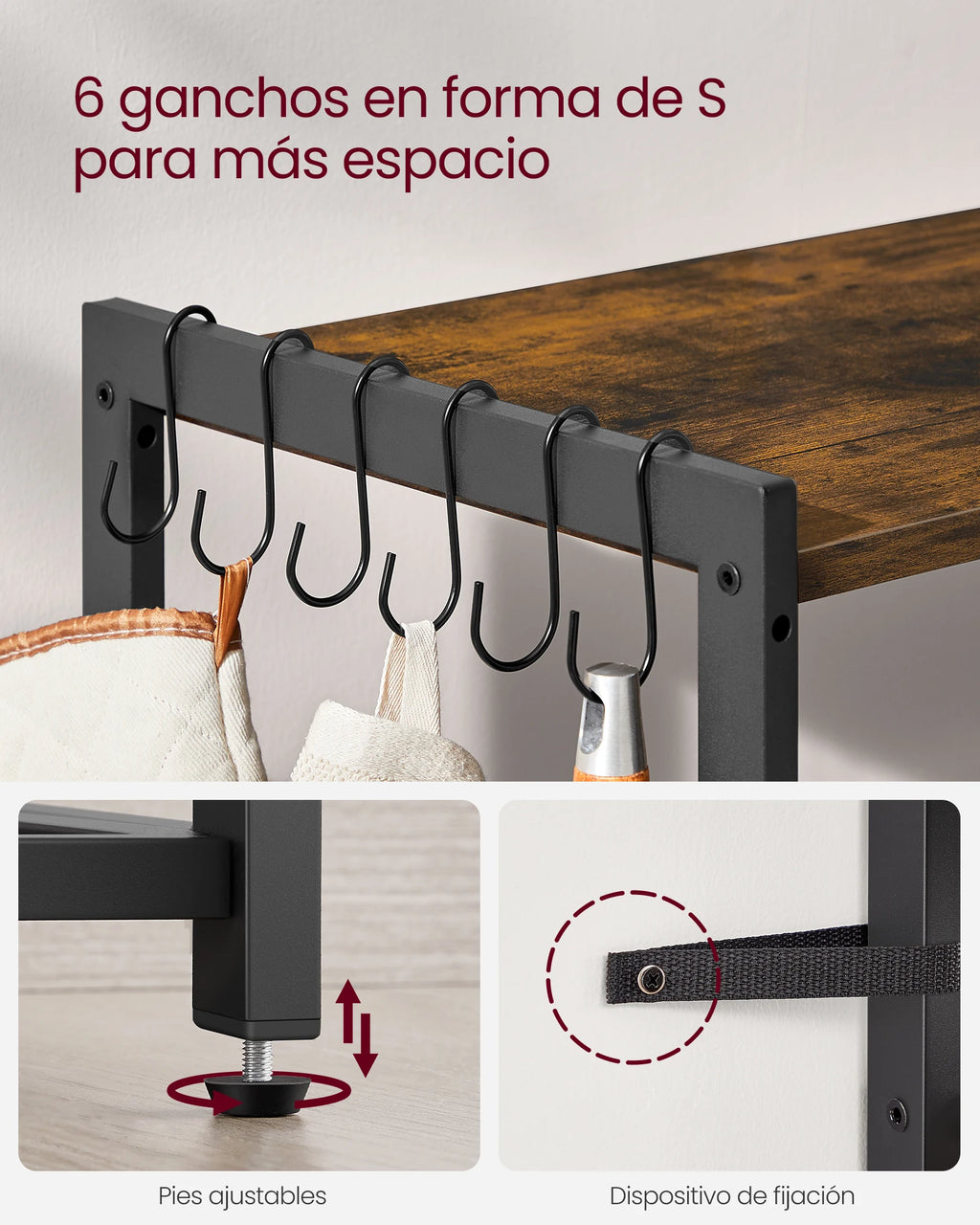 Estantería de cocina Vasagle con 2 cestas de malla, estante para microondas, estación de carga, con estantes y ganchos, 35 x 80 x 93,5 cm, estilo industrial, marrón rústico y tinta negra/greige mélange y tinta negra