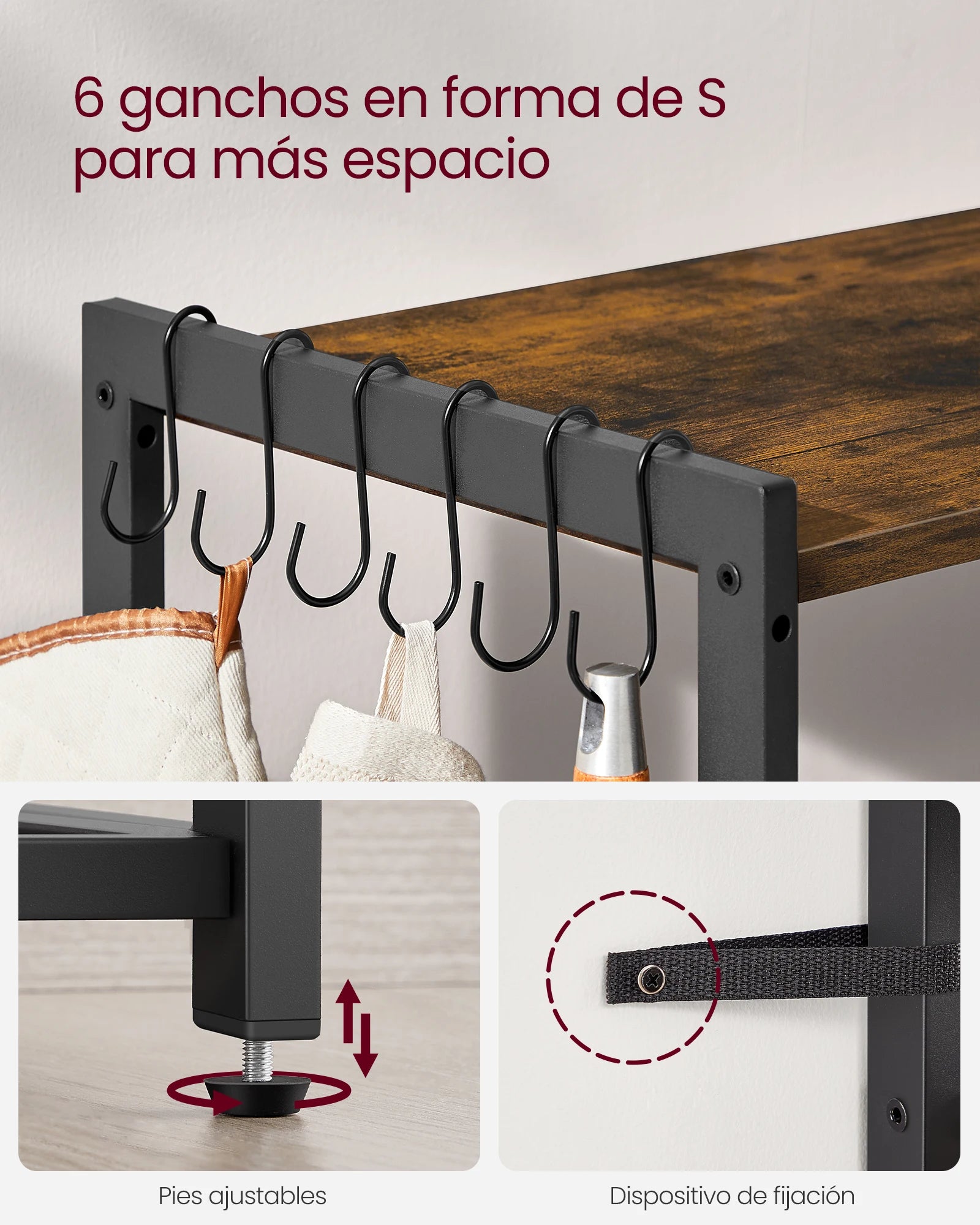 Estantería de cocina Vasagle con 2 cestas de malla, estante para microondas, estación de carga, con estantes y ganchos, 35 x 80 x 93,5 cm, estilo industrial, marrón rústico y tinta negra/greige mélange y tinta negra