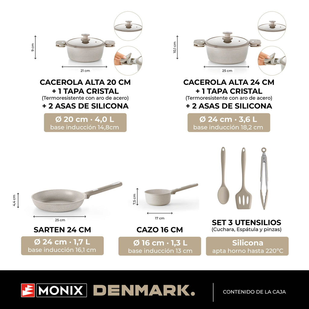 Juego de utensilios de cocina Monix Denmark de 9 piezas, fabricado en aluminio forjado antiadherente con asas desmontables, apto para inducción y horno, diseño moderno con revestimiento libre de PFOA, perfecto para la cocina diaria.