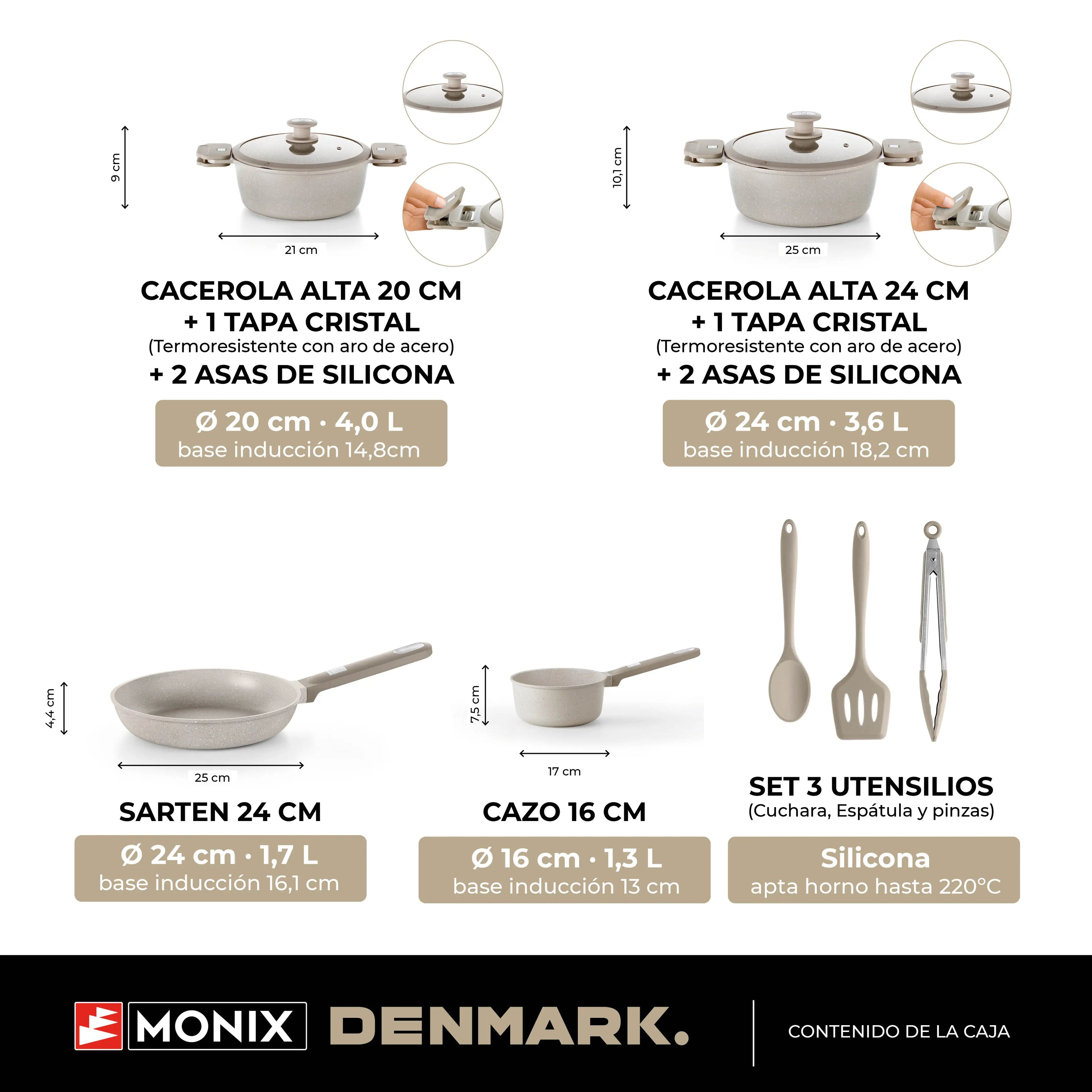 Juego de utensilios de cocina Monix Denmark de 9 piezas, fabricado en aluminio forjado antiadherente con asas desmontables, apto para inducción y horno, diseño moderno con revestimiento libre de PFOA, perfecto para la cocina diaria.