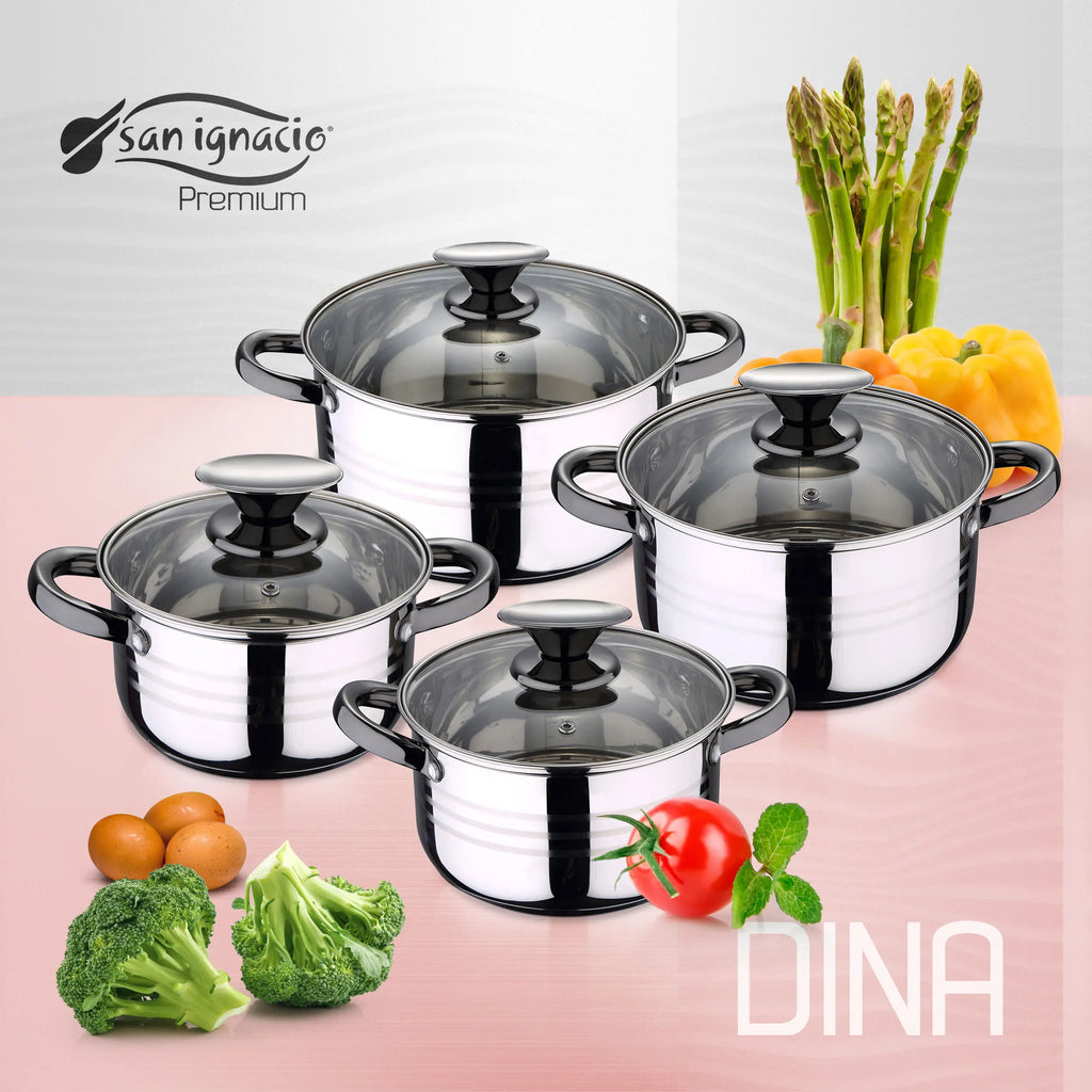 Juego de utensilios de cocina San Ignacio de 8 piezas en acero inoxidable para inducción, que incluye 4 ollas con tapas de vidrio (1,9 L-5,1 L) y 3 sartenes antiadherentes (Ø22-26 cm), perfectas para cocinar de manera eficiente y duradera.