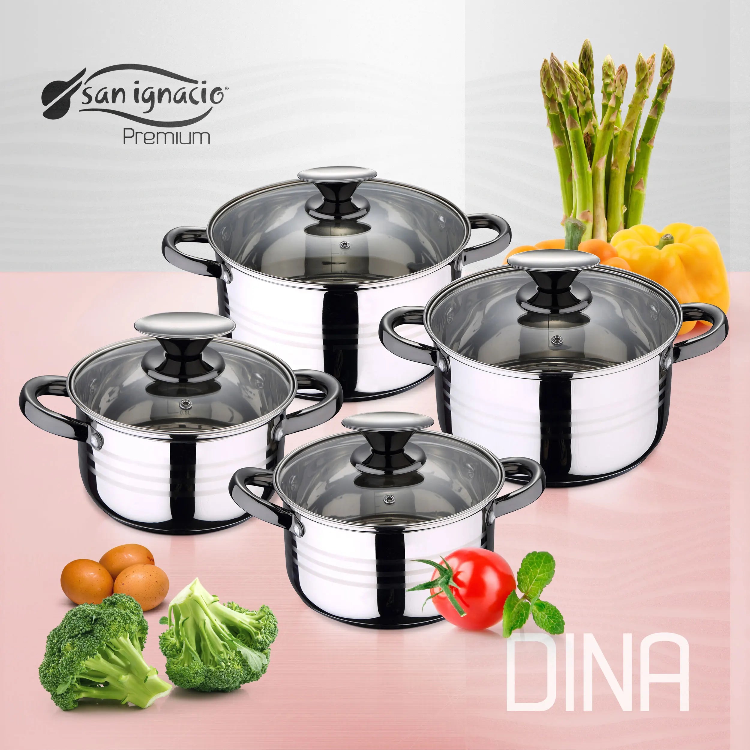 Juego de utensilios de cocina San Ignacio de 8 piezas en acero inoxidable para inducción, que incluye 4 ollas con tapas de vidrio (1,9 L-5,1 L) y 3 sartenes antiadherentes (Ø22-26 cm), perfectas para cocinar de manera eficiente y duradera.