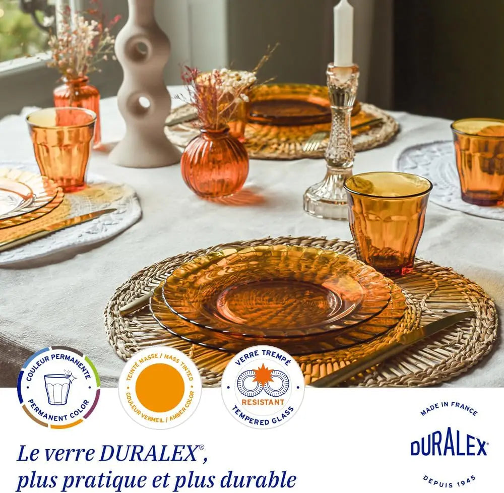 Juego de vajilla Duralex Picardie - Platos de alta calidad que incluyen platos hondos (Ø 23 cm), platos llanos (Ø 26 cm), platos de postre (Ø 20,5 cm), aptos para microondas y lavavajillas, disponibles en transparente, ámbar o azul claro, 12/18/