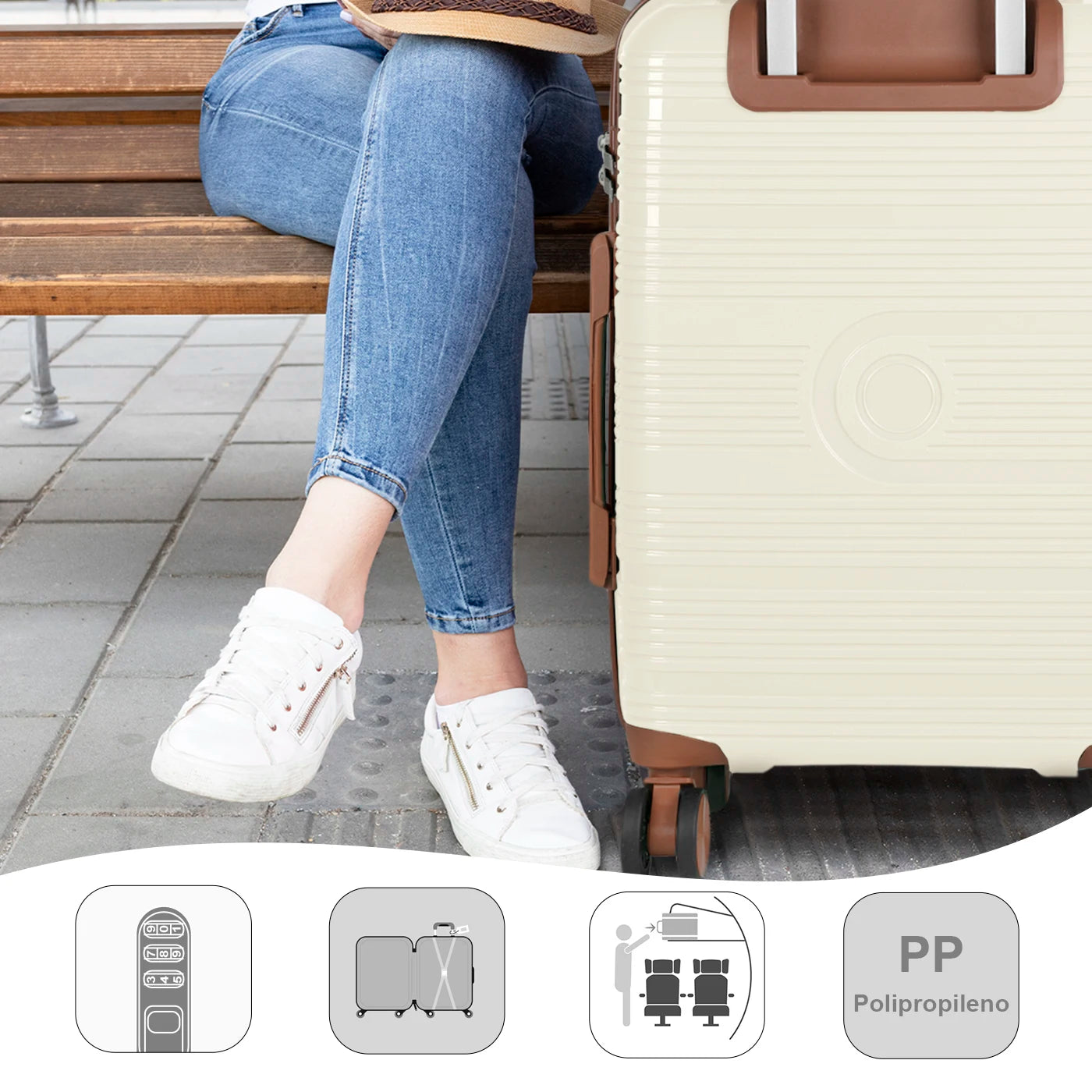 Maleta de cabina de 54x36x20 cm, de polipropileno, con ruedas giratorias de 360°, resistente y ligera. Ideal para viajar.