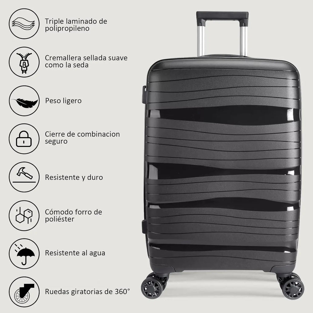Maleta de cabina Artree: fabricada en polipropileno resistente con diseño impermeable, disponible en varios tamaños (L 75x50x32 cm, XS 48x35x20 cm) y equipada con 4 ruedas giratorias de 360°, ideal para viajes organizados.