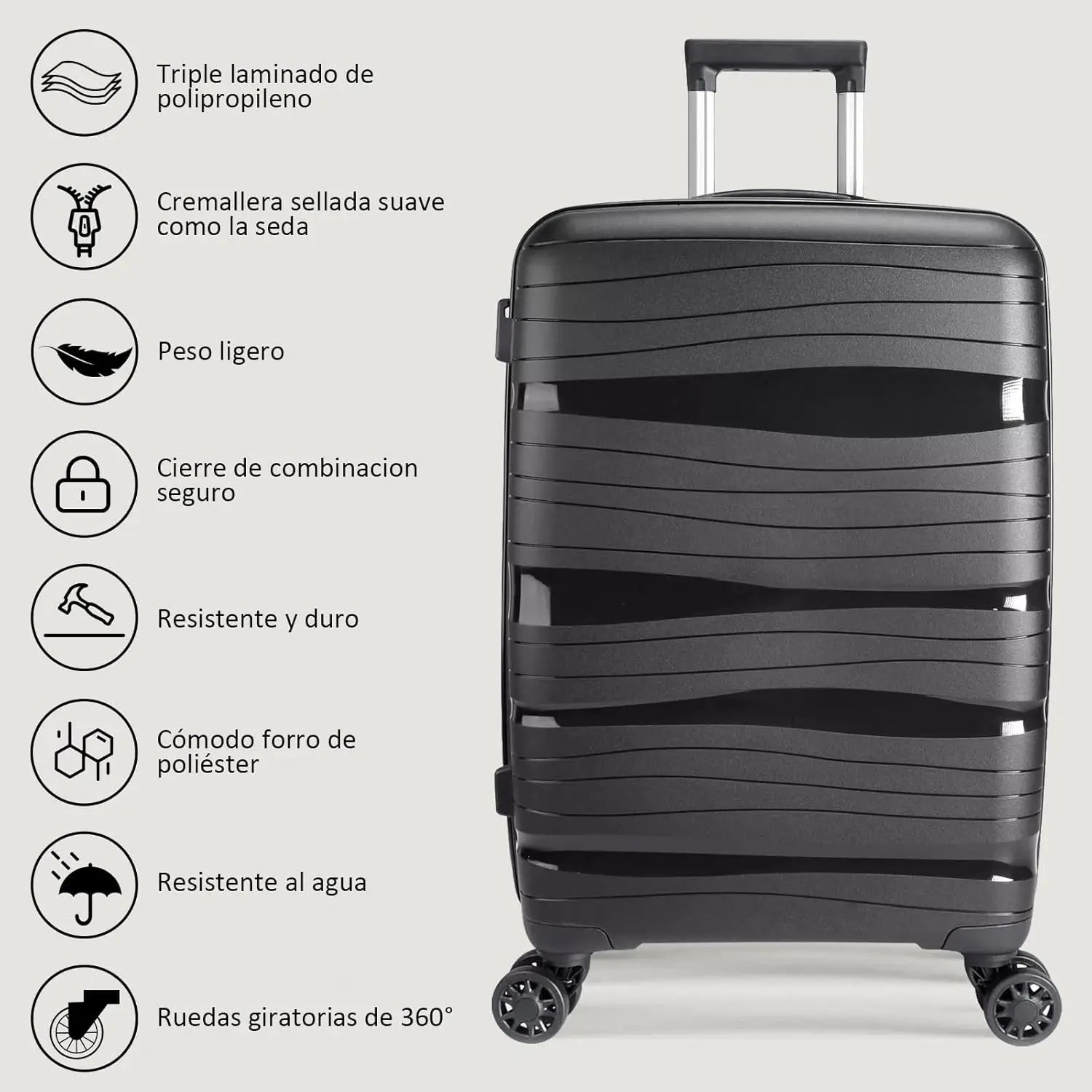 Maleta de cabina Artree: fabricada en polipropileno resistente con diseño impermeable, disponible en varios tamaños (L 75x50x32 cm, XS 48x35x20 cm) y equipada con 4 ruedas giratorias de 360°, ideal para viajes organizados.
