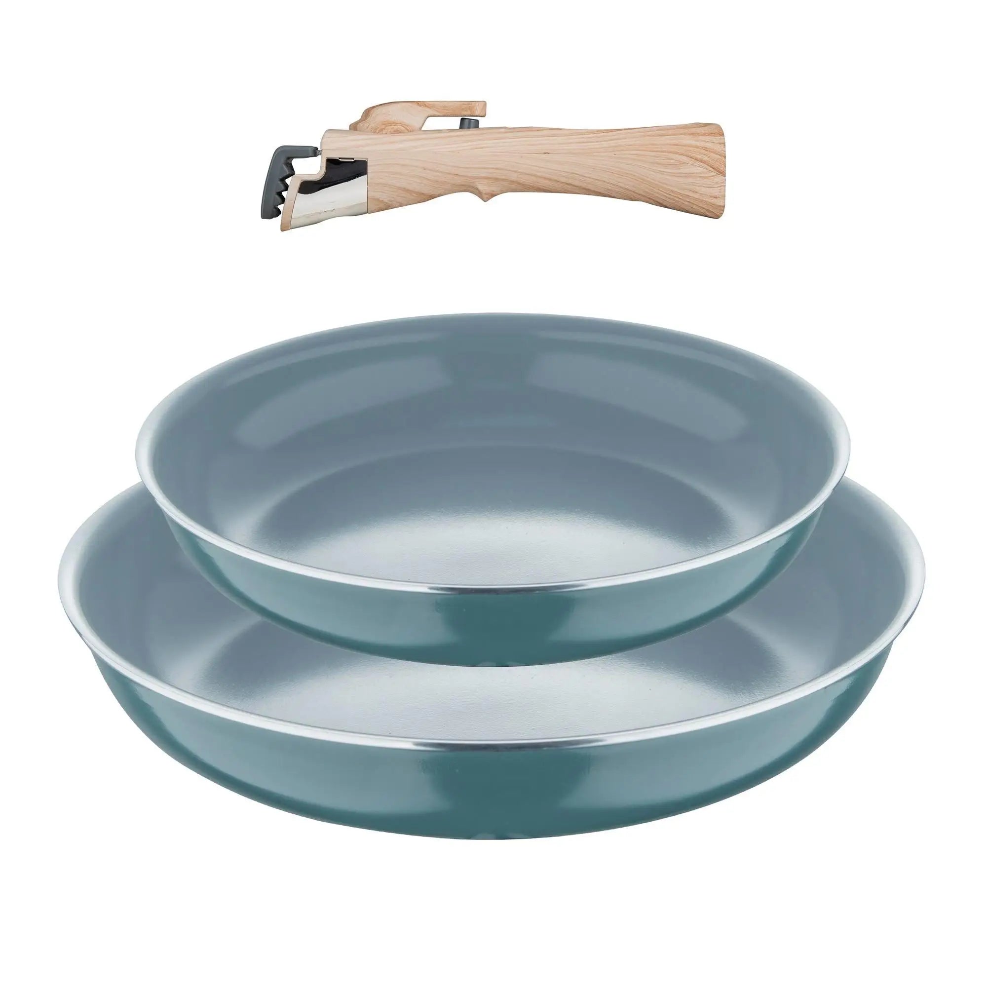 Juego de sartenes Bergner Click&Cook de 2 piezas, de Ø22 cm y Ø26 cm, con mango ergonómico desmontable, de aluminio prensado antiadherente, aptas para todo tipo de cocinas, incluida la de inducción, con diseño apilable que ahorra espacio.