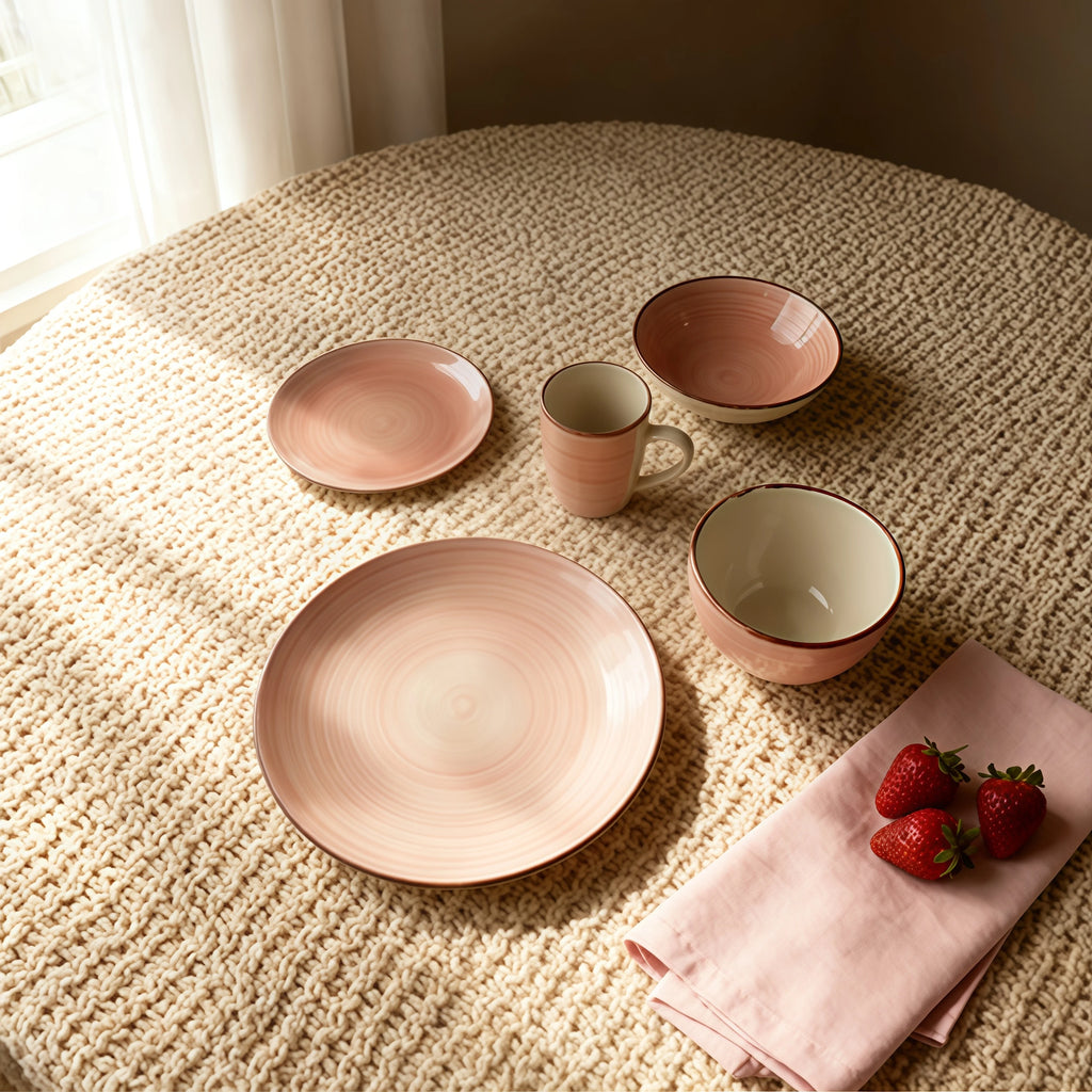 Juego de vajilla de cerámica rosa nórdico para 5 personas, incluye platos, cuencos y taza, apto para microondas y perfecto para regalar.