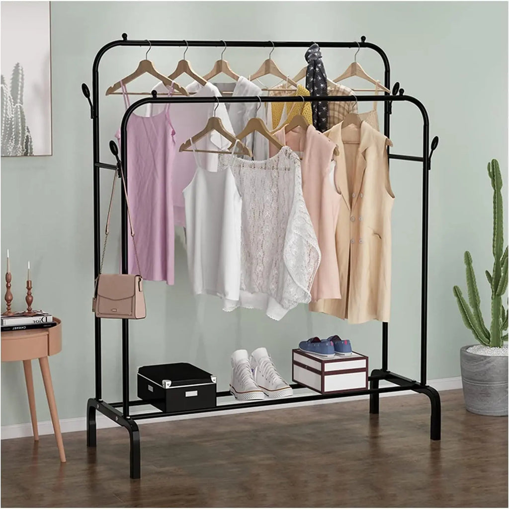 Perchero de pie Mikomika, perchero metálico con estructura en forma de A, doble barra y dos niveles de almacenamiento, soporta hasta 30 kg, disponible en negro o blanco, ideal para chaquetas, vestidos y más.