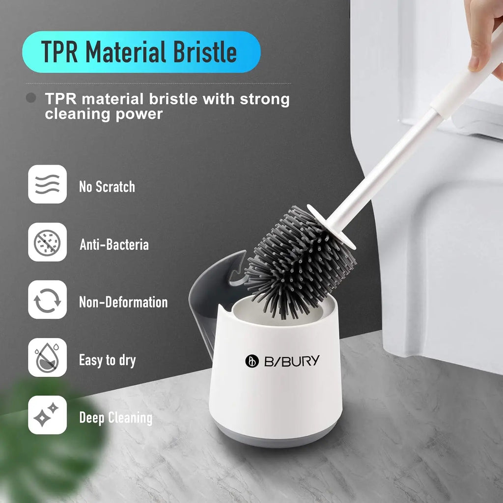 Juego de escobilla y soporte para inodoro, escobillas de silicona BIBURY con cabezal de limpieza de 360°, secado rápido y diseño higiénico, paquete de 2, cerdas suaves y flexibles para una limpieza eficaz del baño, blanco y gris.