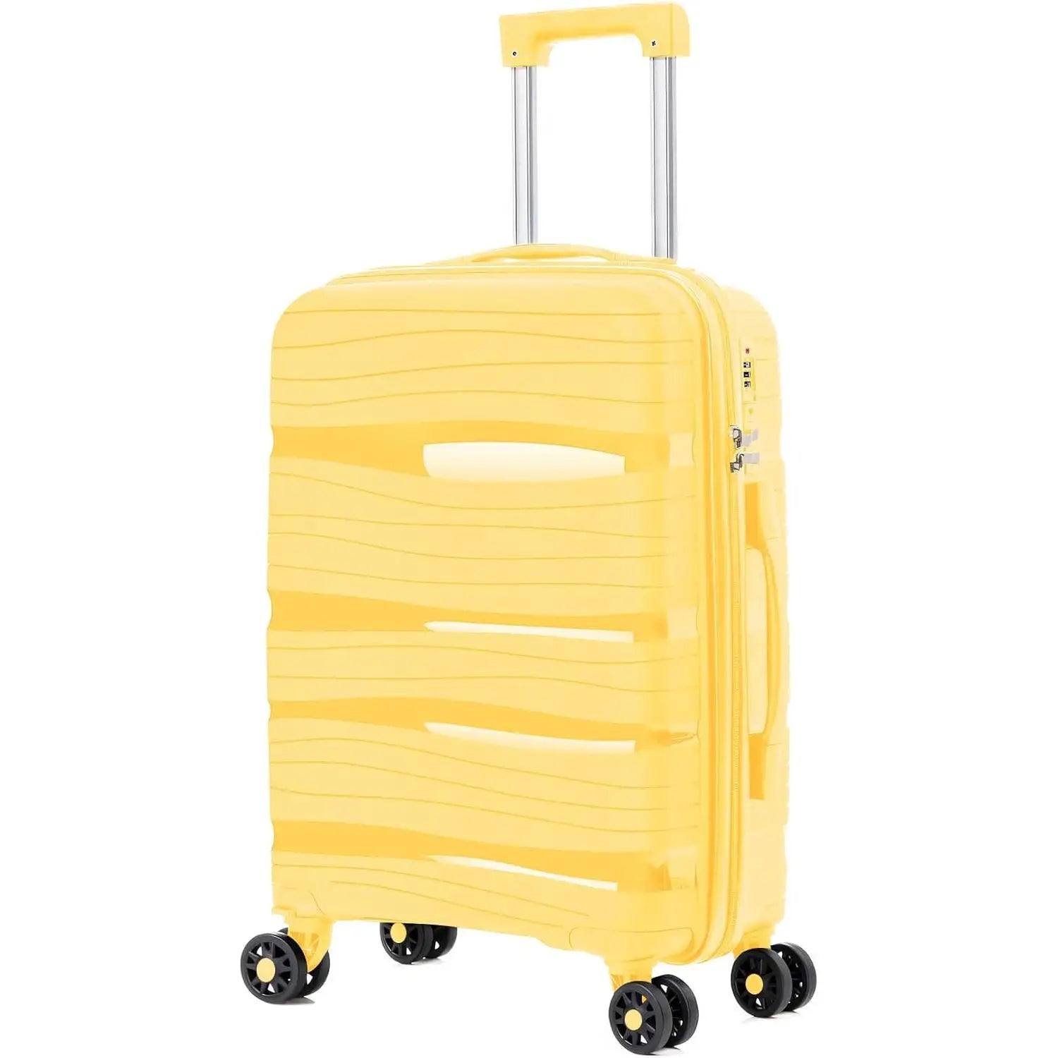 Maleta de cabina Artree: fabricada en polipropileno resistente con diseño impermeable, disponible en varios tamaños (L 75x50x32 cm, XS 48x35x20 cm) y equipada con 4 ruedas giratorias de 360°, ideal para viajes organizados.