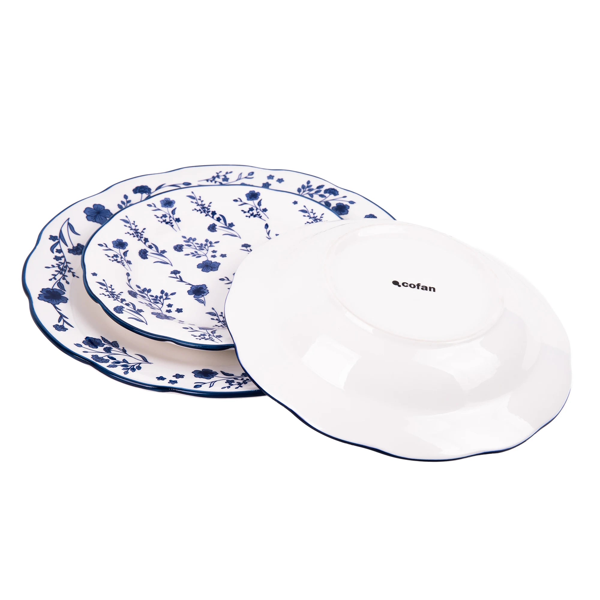 Juego de vajilla de porcelana Cofan | Juego de 18 piezas con diseño floral azul | Apto para lavavajillas y microondas, incluye 6 platos llanos, 6 cuencos para sopa y 6 platos pequeños, duradero y de fácil mantenimiento.
