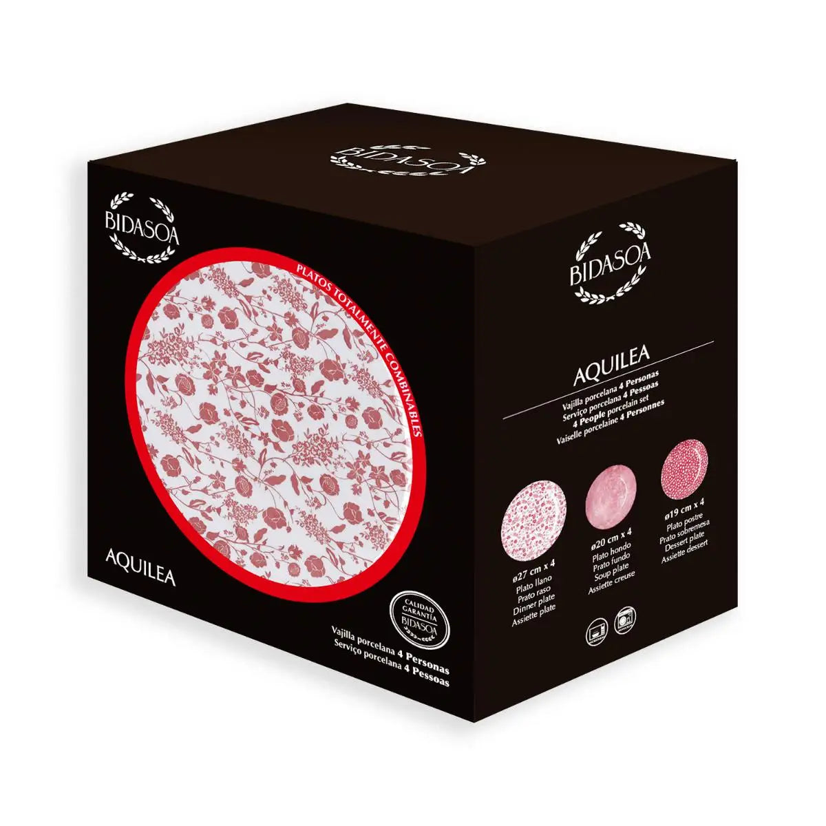 Vajilla de porcelana Bidasoa Aquilea: juegos de 12 y 18 piezas en gris, rosa y azul. Duradera, apta para lavavajillas y microondas, con un diseño atemporal para una mesa elegante.