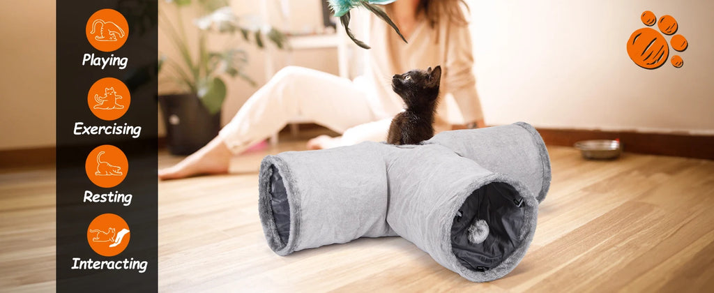 Nobleza - túnel para gatos de gamuza, túnel interior de 3 vías con 1 orificio y juguetes colgantes para gatos con forma de bola, color gris.