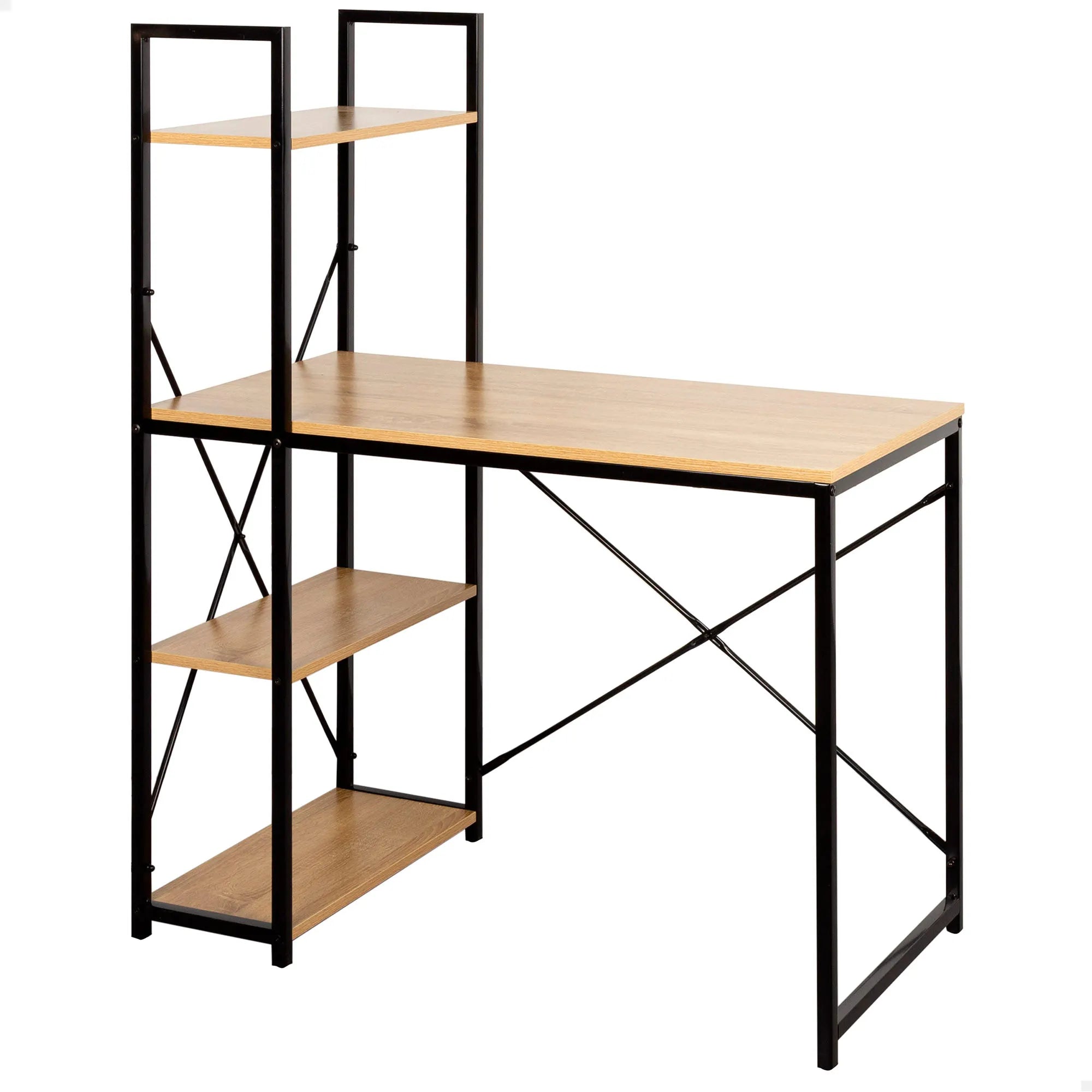 Max Home Desk with Shelf, 3 Shelf, Wood Board, Black Steel Structure, for Office and Study, Industrial Style, X-Reinforcement for More Stability, Desks, Computer Tables