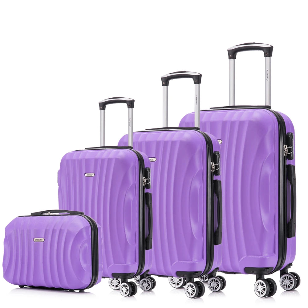 Juego de maletas rígidas de ABS de 4 piezas que incluye una maleta de cabina de 55 cm, una maleta mediana de 68 cm, una maleta grande de 78 cm y un neceser de 29 cm en varios colores, con ruedas giratorias de 360° para facilitar el transporte.