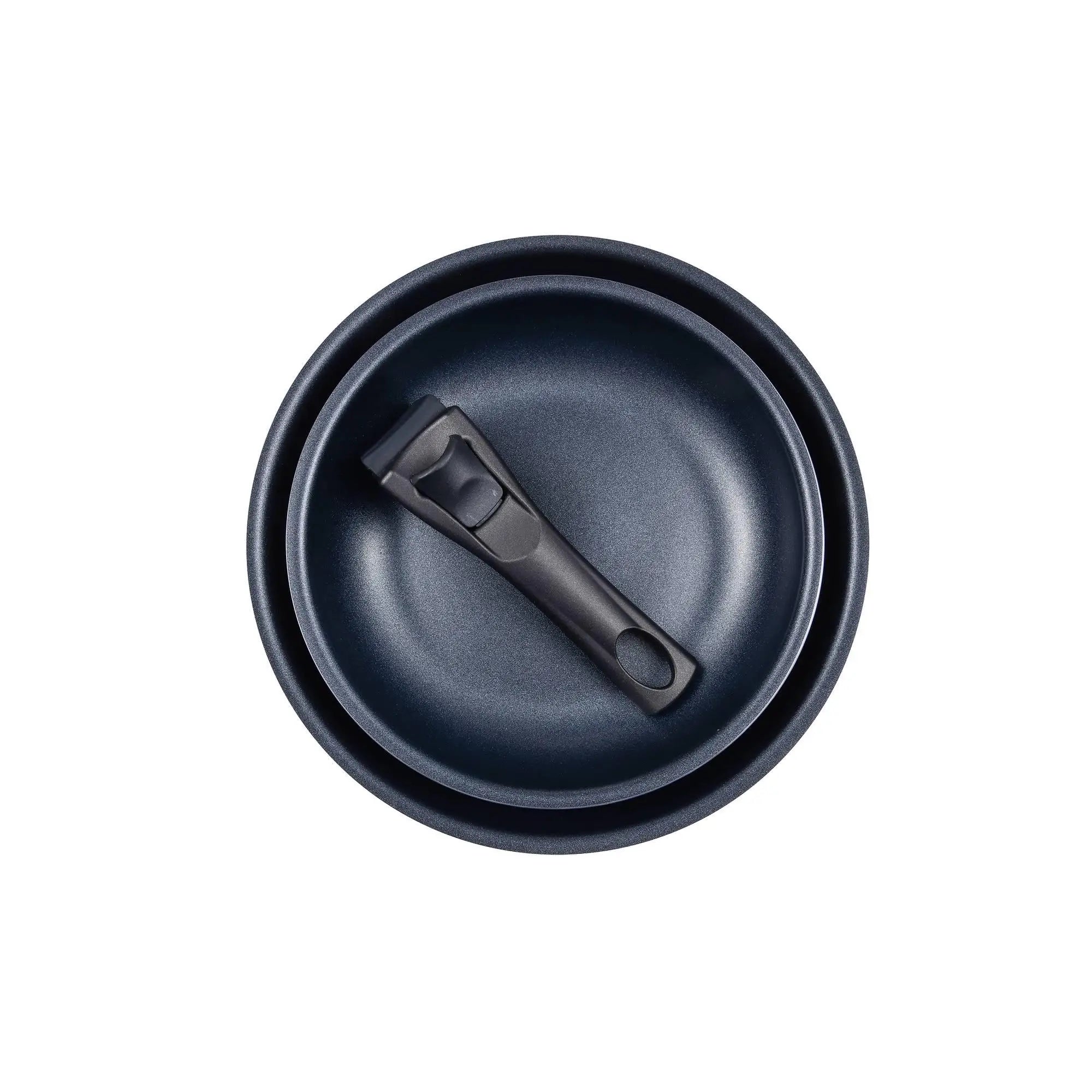 Juego de sartenes Bergner Click&Cook de 2 piezas, de Ø22 cm y Ø26 cm, con mango ergonómico desmontable, de aluminio prensado antiadherente, aptas para todo tipo de cocinas, incluida la de inducción, con diseño apilable que ahorra espacio.