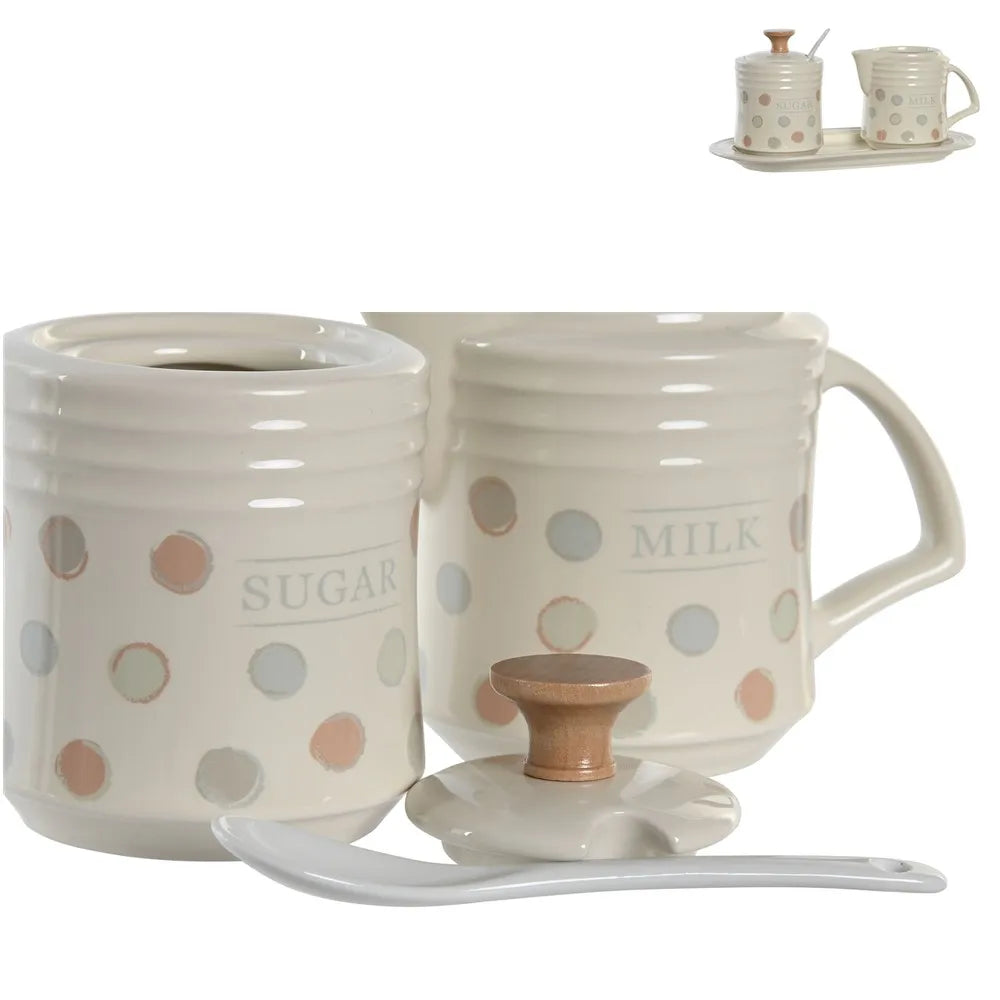 Juego de azucarero con taza de leche, gres color beige, accesorio de mesa de cocina, 24x12.5x2, tapas beige