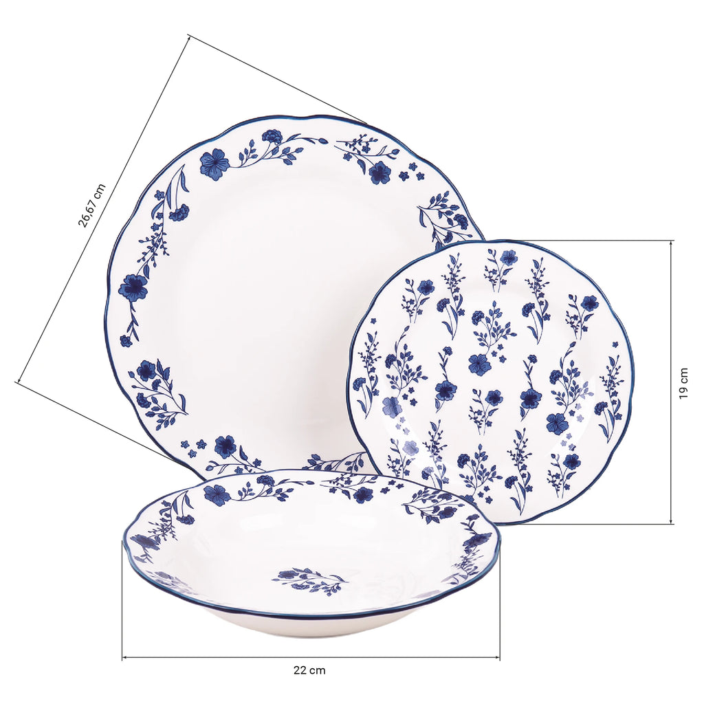 Juego de vajilla de porcelana Cofan | Juego de 18 piezas con diseño floral azul | Apto para lavavajillas y microondas, incluye 6 platos llanos, 6 cuencos para sopa y 6 platos pequeños, duradero y de fácil mantenimiento.