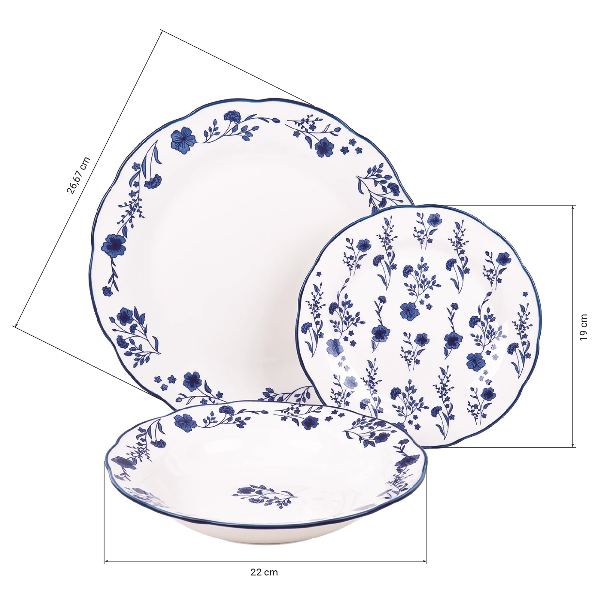 Juego de vajilla de porcelana Cofan | Juego de 18 piezas con diseño floral azul | Apto para lavavajillas y microondas, incluye 6 platos llanos, 6 cuencos para sopa y 6 platos pequeños, duradero y de fácil mantenimiento.