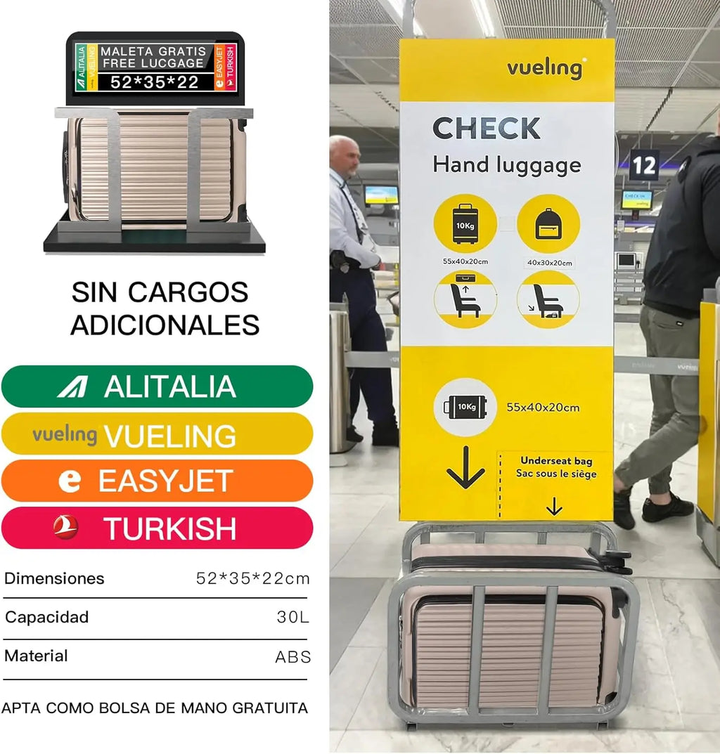 Maleta de cabina de 55x40x20 cm con ruedas extraíbles. Maleta de cabina de 52 x 37 x 20 cm. Equipaje de mano, maletas de cabina rígidas con cerradura de combinación y 4 ruedas dobles de 360° extraíbles.