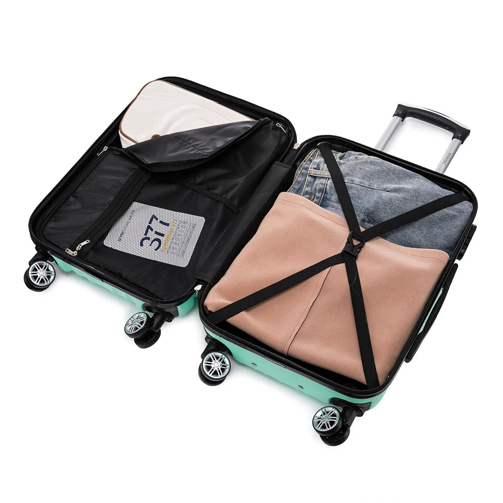 Juego de maletas rígidas de ABS de 4 piezas que incluye una maleta de cabina de 55 cm, una maleta mediana de 68 cm, una maleta grande de 78 cm y un neceser de 29 cm en varios colores, con ruedas giratorias de 360° para facilitar el transporte.
