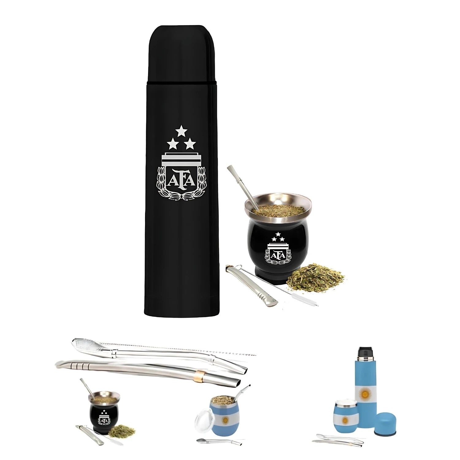 Aurum® Mate Argentino, set moderno completo con yerba mate, bombilla y calabaza, con termo de acero inoxidable para agua caliente. Ideal para disfrutar del mate tradicional en cualquier lugar, perfecto para compartir.