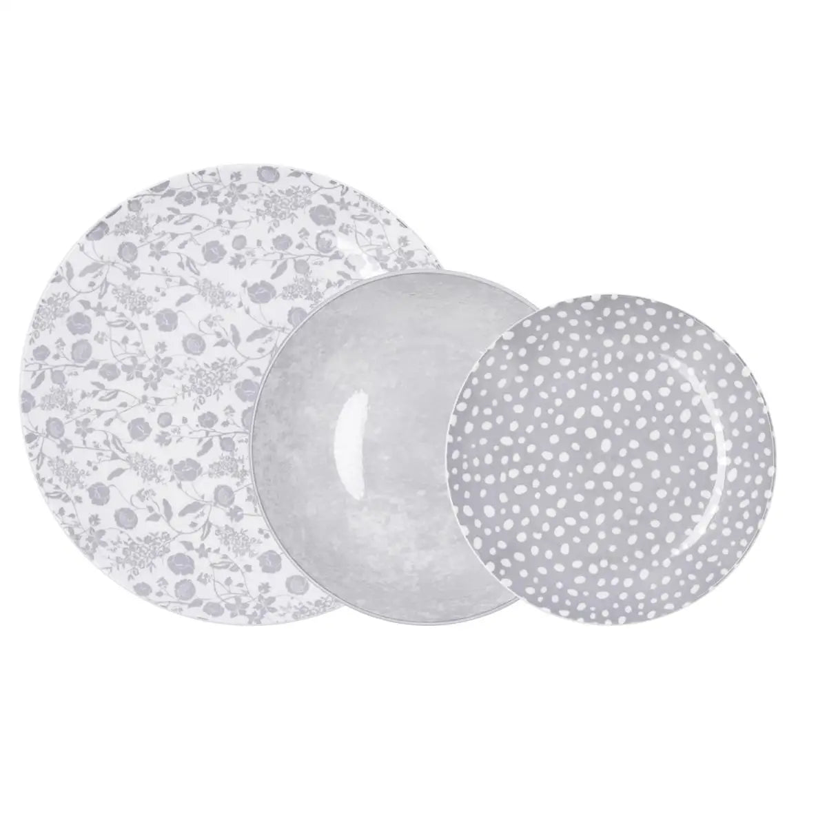 Vajilla de porcelana Bidasoa Aquilea: juegos de 12 y 18 piezas en gris, rosa y azul. Duradera, apta para lavavajillas y microondas, con un diseño atemporal para una mesa elegante.