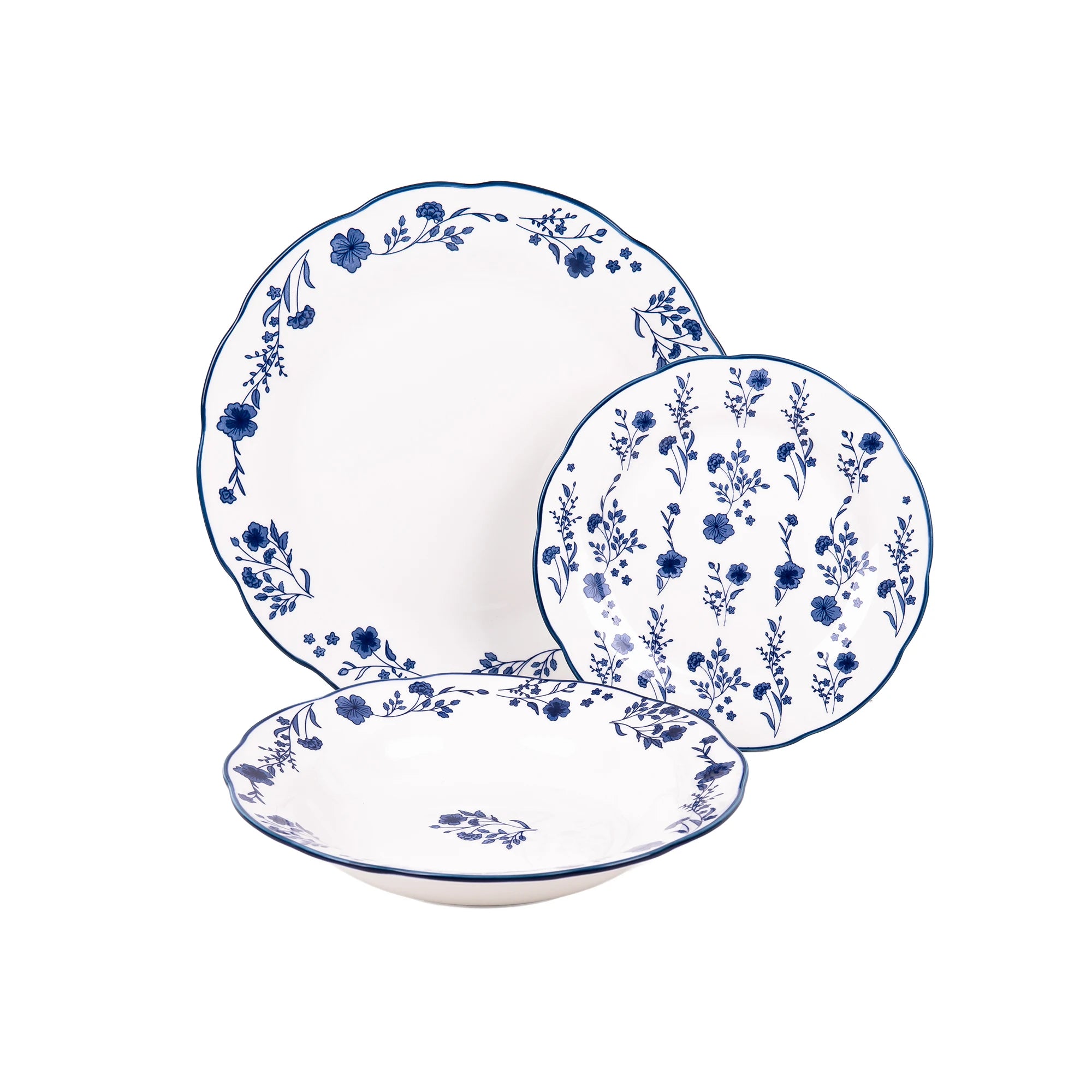 Juego de vajilla de porcelana Cofan | Juego de 18 piezas con diseño floral azul | Apto para lavavajillas y microondas, incluye 6 platos llanos, 6 cuencos para sopa y 6 platos pequeños, duradero y de fácil mantenimiento.