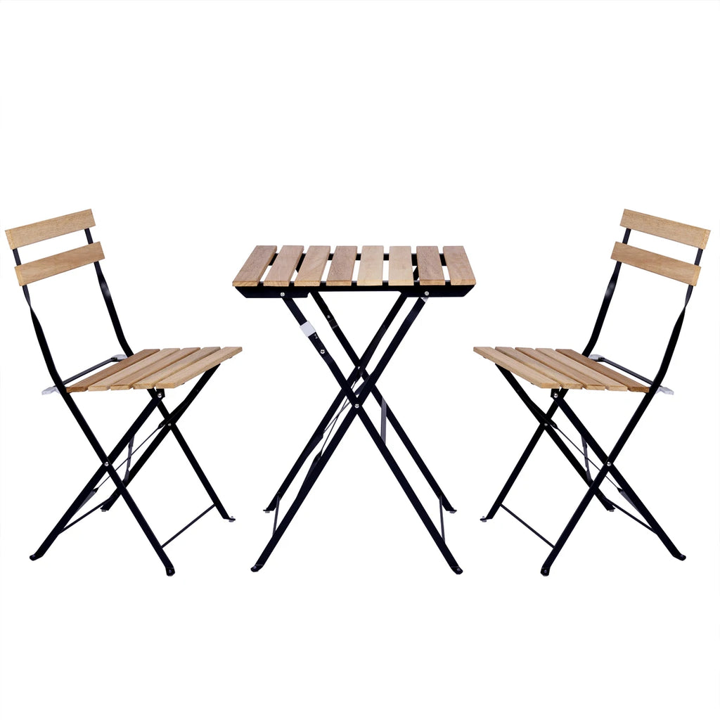 Conjunto T-lovendo de 3 mesas y 2 sillas, jardín, exterior, plegable, metal y madera, para terraza de estilo retro, estructura de acero, tipo bistró, patas antideslizantes, balcones pequeños, terrazas