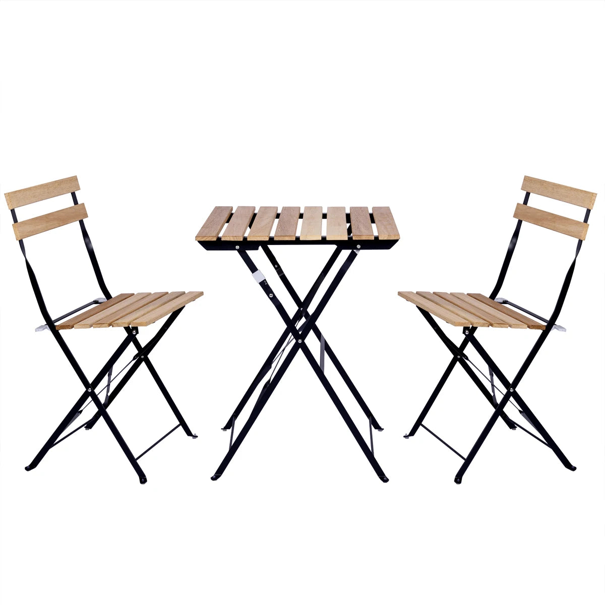 Conjunto T-lovendo de 3 mesas y 2 sillas, jardín, exterior, plegable, metal y madera, para terraza de estilo retro, estructura de acero, tipo bistró, patas antideslizantes, balcones pequeños, terrazas