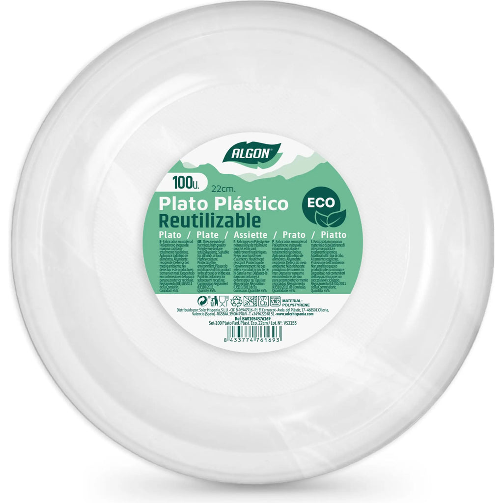 Juego de vajilla Algon, 100 unidades, 22 cm, cartón ecológico blanco, resistente y práctico, ideal para eventos y celebraciones, biodegradable.